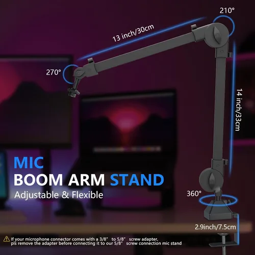 Miniatura 2 de Soporte de brazo para micrófono con conector de 5/8 pulgadas, suspensión de brazo de estudio, soporte de micrófono ajustable para HyperX/Shure SM7B