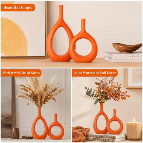 Miniatura 7 de Juego de 2 jarrones de cerámica naranja, modernos jarrones huecos circulares con agujero para flores, para decoración del hogar, para centros