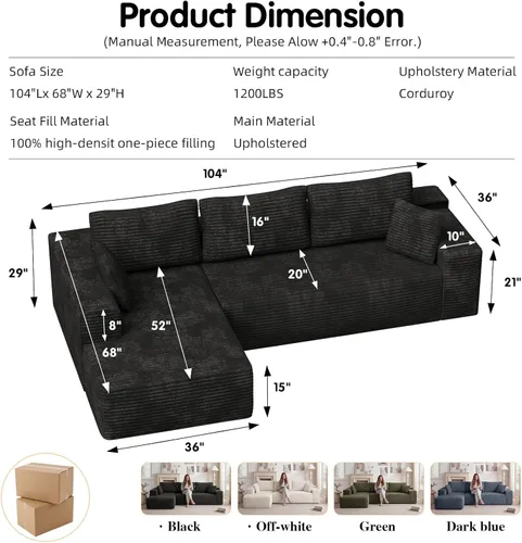 Miniatura 2 de Sofá seccional Cloud de 104 pulgadas con diván en forma de L, moderno sofá modular seccional de pana, sofás sin hueso para sala de estar y Negro