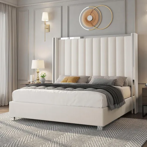 Miniatura 11 de Jocisland Base de cama tamaño Queen con cabecero de 58 pulgadas de alto, cama tapizada de terciopelo con plataforma con cabecera con alas capitoné