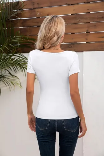 Miniatura 6 de VICHYIE Camiseta de manga corta con cuello en V para mujer, estilo casual, ajustada