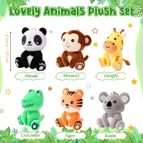 Miniatura 2 de Aoriher 6 llaveros de peluche de bosque a granel, panda, mono, cocodrilo, koala, tigre y jirafa de 4 pulgadas, regalo para el aula, relleno