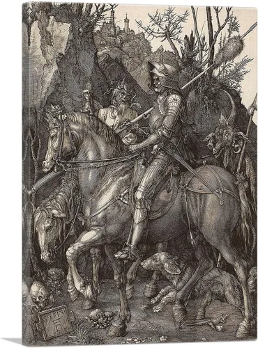 ARTCANVAS Albrecht Durer - Lienzo decorativo de caballero, la muerte y el diablo, pintura enmarcada estirada, póster giclée, decoración de pared, 12