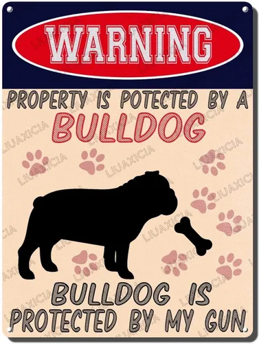 Miniatura 8 de LIUAXICIA Letreros divertidos de metal con texto en inglés "Warning Property is Potected by A American Bulldog is Protected by My Gun" The Coffee