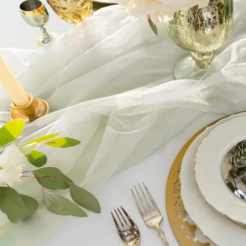 Miniatura 5 de Camino de mesa de organza transparente de 394 x 53 pulgadas para festones de boda, cenefa de recepción, cortina de telón de fondo, rollos de tul