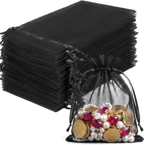 FUNFERY 100 bolsas de organza negra de 3 x 4 pulgadas, pequeñas bolsas de regalo con cordón de malla para bolsitas, joyas, dulces, recuerdo de boda,