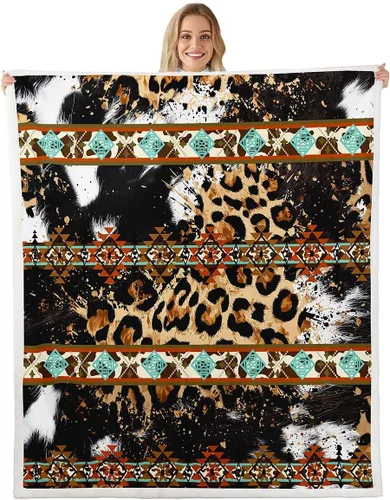 Erosebridal Manta de forro polar de piel de vaca con estampado de leopardo marrón, manta occidental de 50 x 60 pulgadas, manta con estampado de vaca