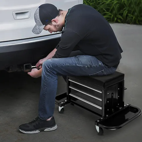 Miniatura 2 de M-AUTO Taburete Mecánico Rodante Taburete de Caja de Herramientas de Garaje Asiento de Cofre de Herramientas con Ruedas, Capacidad de 350 LBS
