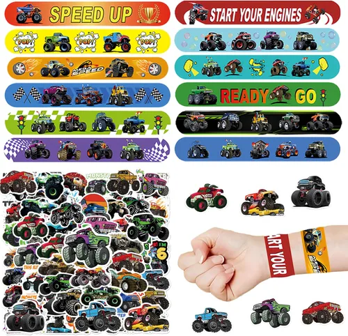 Miniatura 10 de CZWXOXO 74 piezas de artículos para fiesta temática de carreras, 24 piezas de pulseras slap, 50 piezas de calcomanías, decoraciones para fiesta