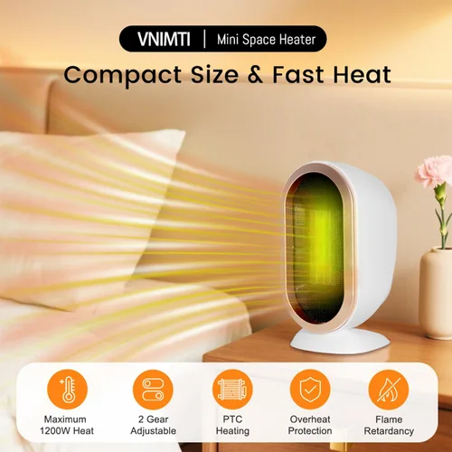Miniatura 2 de VNIMTI Calentador de espacio, calentador eléctrico portátil de 1200 W, para uso en interiores, mini escritorio, calentador rápido PTC para oficina