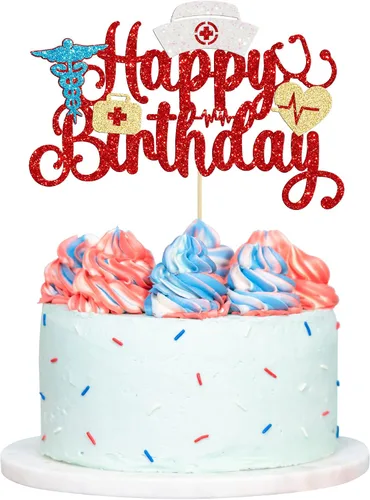 Miniatura 11 de Gyufise Decoración para pastel de enfermería con purpurina para enfermera, feliz cumpleaños, selección de pastel médico, decoración de pasteles