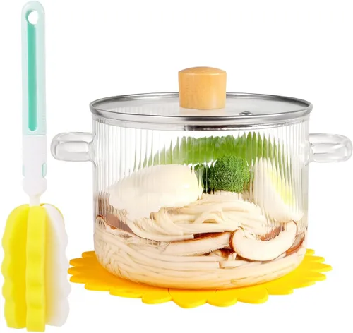 Miniatura 7 de Olla de Cocina de Vidrio Transparente con Tapa y Cepillo para Estufa - 1.5L (51oz) Olla de Vidrio Borosilicato con Cubierta - Juego de Olla
