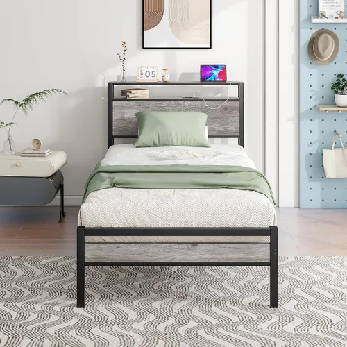 HOJINLINERO Base de cama individual con cabecera de almacenamiento, plataforma de metal con estación de carga, no necesita somier, soporte de Roble