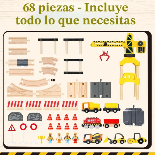 Miniatura 8 de Lehoo Castle Juego de tren de madera, juguetes de construcción para niños de 2 a 4 años, pista de tren de madera para niños con grúa, juguetes