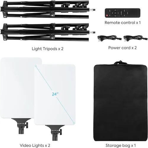 Miniatura 7 de Paquete de 2 luces LED de video de 24 pulgadas, iluminación de fotografía regulable de 2800-7500K con control remoto y soporte de 75 pulgadas, luces