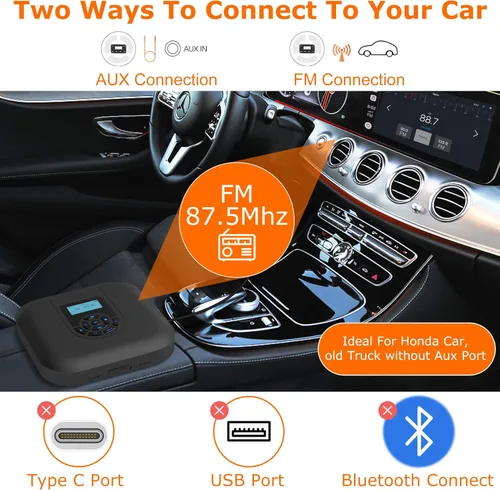 Miniatura 3 de Reproductor de CD portátil, reproductor de CD Bluetooth MONODEAL con altavoces y transmisor FM, reproductor recargable de 1800 mAh para automóvil