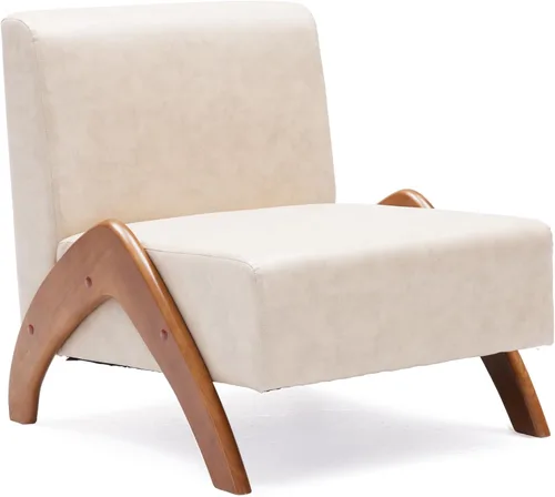 Miniatura 11 de Silla decorativa de gran tamaño, tapizada sin brazos de mediados de siglo, moderna silla de sala de estar con patas de madera para dormitorio, Crema