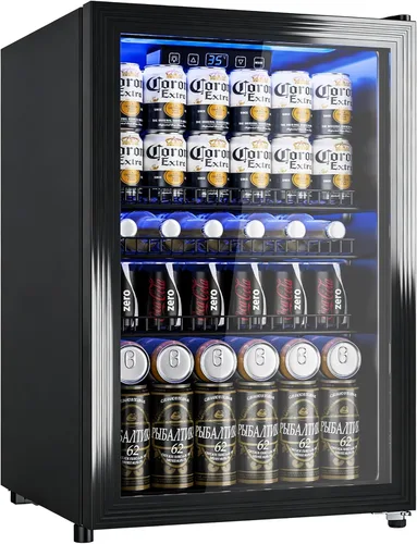 Miniatura 8 de Manastin Refrigerador de bebidas, refrigerador independiente para 120 latas con puerta de vidrio, estantes ajustables y pantalla digital de Negro