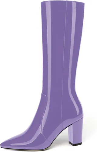 Miniatura 128 de AMBELIGHT Botas altas hasta la rodilla con cremallera y puntera puntiaguda para mujer, de patente sólida, tacón alto, 3.3 pulgadas