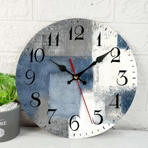 ArtSocket - Reloj de pared de madera silencioso sin tictac, pintura abstracta azul, blanco y gris, reloj redondo vintage para decoración de hogar,
