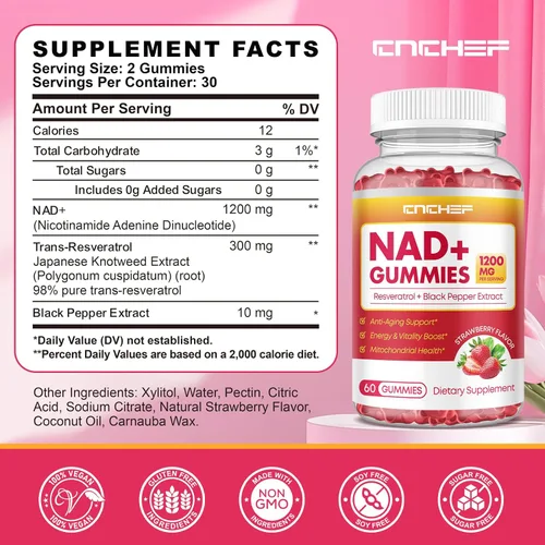 Miniatura 4 de Gomitas NAD+, suplemento liposomal NAD de 1200 mg para mujeres y hombres con trans-resveratrol y extracto de pimienta negra, suplemento