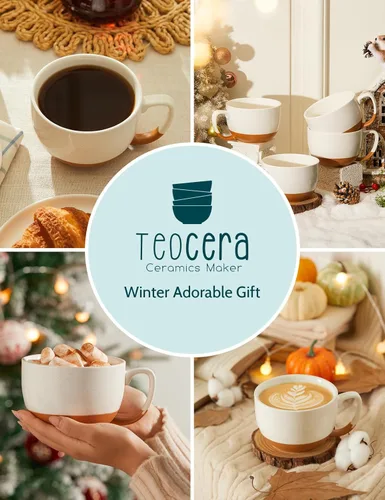 Miniatura 5 de Teocera Juego de 4 tazas de café color beige, taza de café de cerámica de 16 onzas, juego de tazas grandes con asa para bebidas frías o calientes