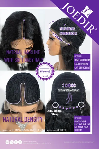 Miniatura 4 de Joedir - Peluca de 30 pulgadas de largo con encaje frontal, cabello ondulado profundo, parte superior, cabello natural superior con abuelitos