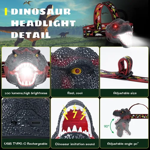 Miniatura 5 de Dysaim Linterna Frontal para Niños, Linterna Frontal de Dinosaurio T-Rex Recargable para Niños y Lámpara LED de Cabeza, Linterna de Equipo