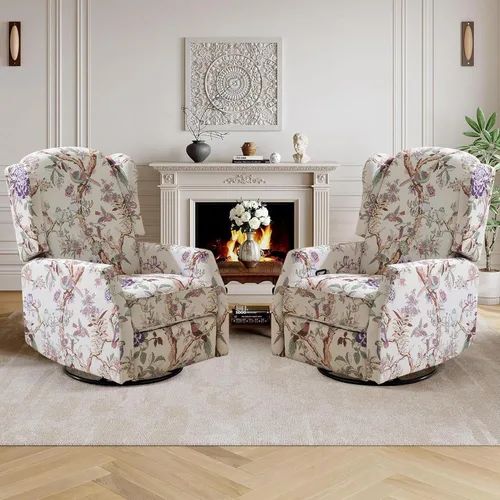 Silla Reclinable Giratoria con Detalles Florales, Silla Reclinable de Ala con Asiento Acolchado, Sillón Tapizado de Alto Respaldo para Sala de