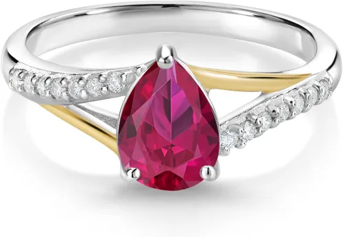 Miniatura 65 de Gem Stone King Anillo de compromiso de plata 925 y oro amarillo de 10 quilates, piedra natal con forma de pera de 0.315 x 0.236 in y diamantes