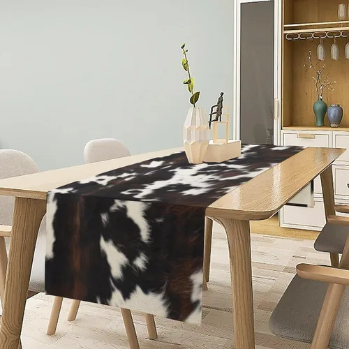 Miniatura 2 de Camino de mesa con estampado de vaca, camino de mesa estilo occidental con estampado de cuero de vaca en blanco y negro, decoración de mesa