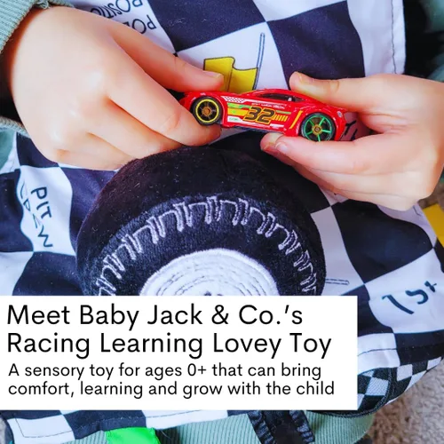 Miniatura 2 de Baby Jack & Co - Manta de felpa sensorial de 10 x 10 pulgadas para deportes de carreras, juguete de etiqueta para bebés, juguetes de cochecito