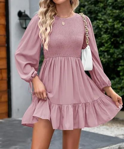 Miniatura 4 de ZESICA Women's 2024 Fall Dress Long Sleeve Smocked Casual Crew Neck Tiered Flowy Wedding Party Mini Dresses