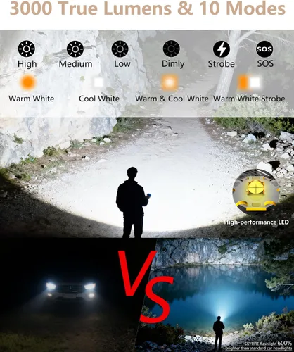 Miniatura 7 de SKYFIRE Linternas LED recargables de alto lúmenes, 10000 mAh, linterna súper brillante, luz táctica con zoom, 10 modos, IPX6, impermeable, para Rojo