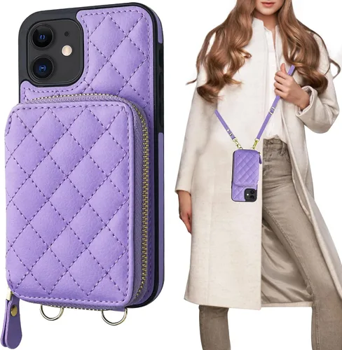 Miniatura 10 de Bocasal Funda tipo cartera cruzada para iPhone 12/12 Pro, bloqueo RFID, de piel sintética, con cremallera, bolso cartera con tapa plegable, funda