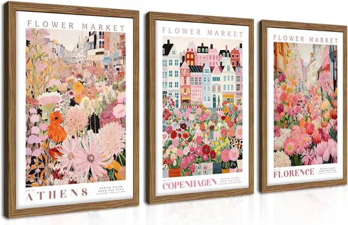Miniatura 22 de Juego de 3 piezas de arte de pared de montaña colorida boho, pinturas abstractas de paisaje de flores de acuarela, pósters modernos de naturaleza