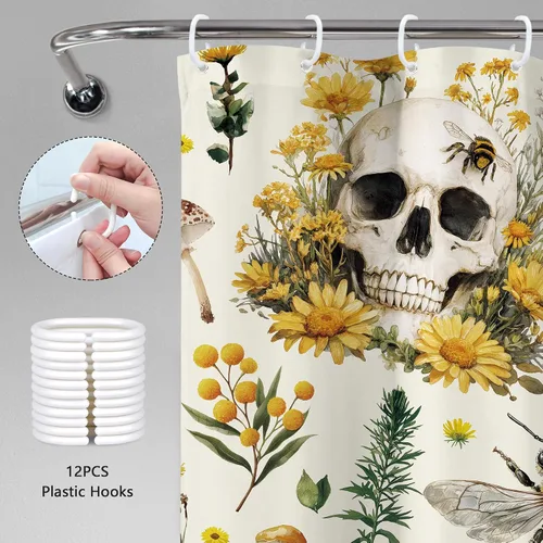 Miniatura 6 de Cortina de ducha gótica con calavera, 60 pulgadas de ancho x 72 pulgadas de alto, estilo rústico boho, con hongos amarillos, flores, abejas