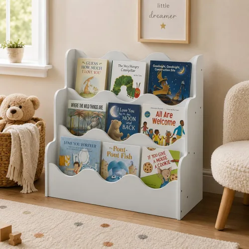 Miniatura 11 de NACHES Estantería Montessori de 4 niveles para niños, estante de madera con diseño festoneado, organizador de juguetes para guardería, dormitorio
