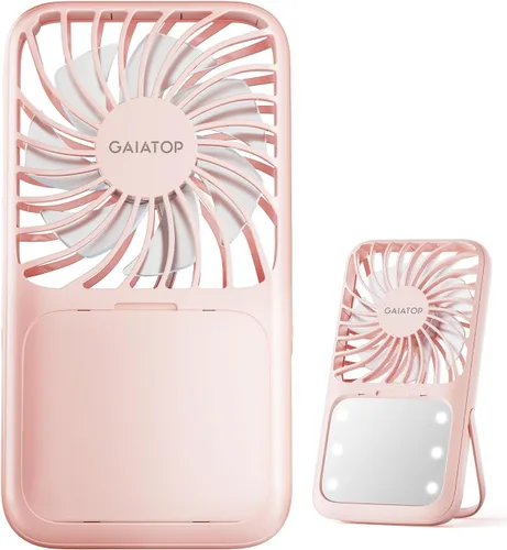 Gaiatop Ventilador de mano portátil, espejo de maquillaje LED de 3 velocidades con luz, soporte plegable para escritorio, mini ventiladores Rosa