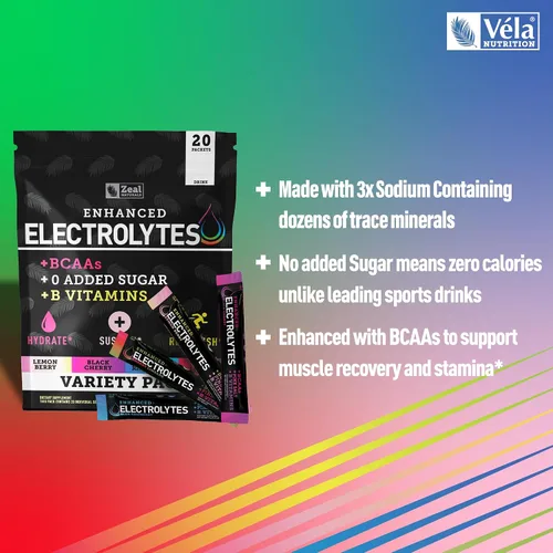 Miniatura 5 de Zeal Naturals Paquetes de electrolitos mejorados en polvo (paquete variado, 20 paquetes) sin azúcar + vitaminas B BCAA y sal rosa del Himalaya