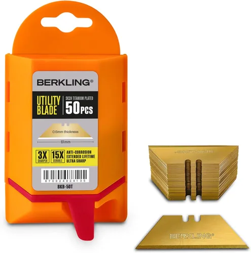 Berkling - Cuchillas para cuchillo utilitario con revestimiento de titanio, 50 unidades con dispensador, SK2H afiladas con láser endurecidas, ultra