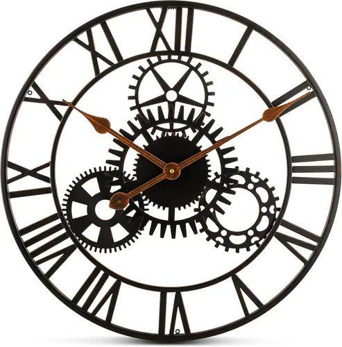 Miniatura 8 de Bernhard Products Reloj de pared extra grande de hierro forjado de metal negro de 20 pulgadas, funciona con pilas, diseño rústico con números