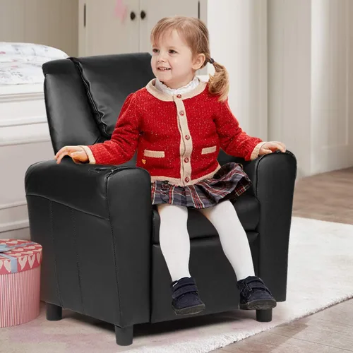 ARLIME Silla reclinable para niños, sillón tapizado con soporte para tazas, respaldo, sofá de cuero para bebé con reposacabezas y reposapiés, Negro