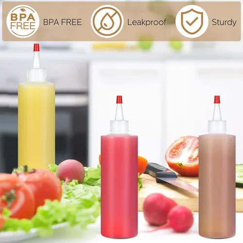 Miniatura 5 de Jinei Paquete de 60 botellas de plástico de 8 onzas, botellas transparentes para exprimir condimentos con tapa de punta roja, recipiente vacío
