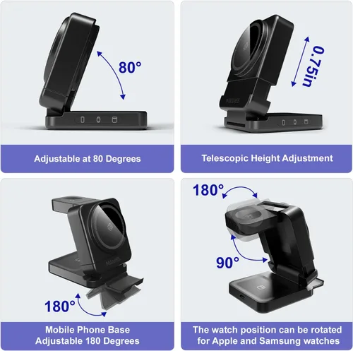 Miniatura 5 de Estación de carga inalámbrica plegable 3 en 1 Cargador plegable magnético para iPhone Apple Watch AirPods Estación de carga de viaje para Negro