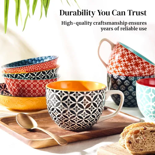 Miniatura 8 de DOWAN Mosaian - Juego de 4 tazas de café grandes de 24 onzas, tazas de sopa con asas, tazas de cerámica para sopa/café/cereal/latte, regalos