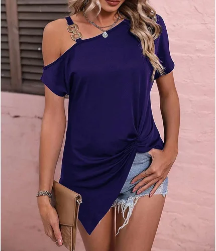 Miniatura 2 de Blusa sexy de manga corta para mujer, con hebilla de metal, asimétrica, con correa de hebilla de metal