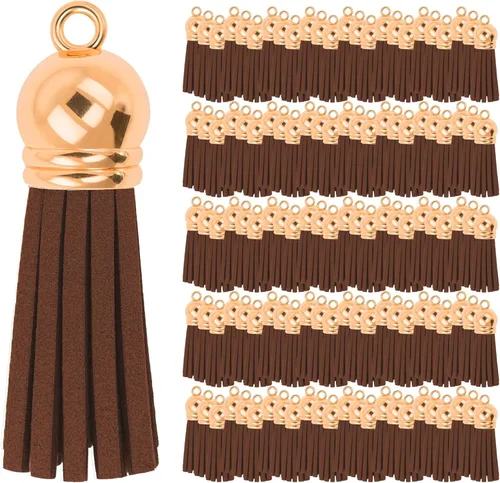 Miniatura 44 de Mandala Crafts 100 borlas de gamuza sintética color aguamarina con tapa dorada, suministros para hacer llaveros a granel, pequeñas borlas de cuero