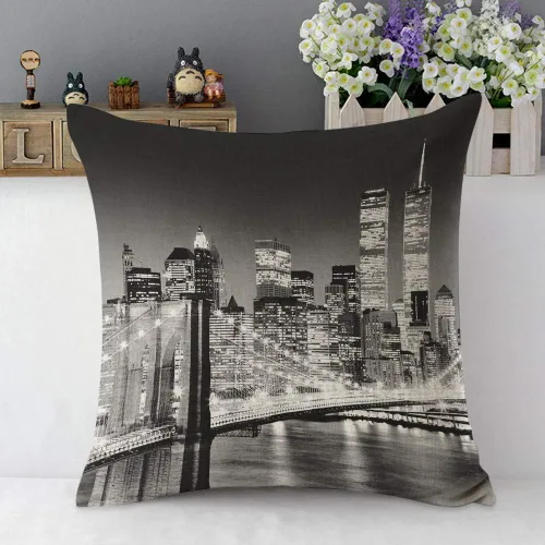 Miniatura 5 de Mugod Funda de almohada con diseño de ciudad de Nueva York, paisaje nocturno, puente de edificio, color negro y blanco, funda de cojín de lino