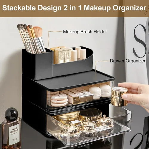 Miniatura 2 de DASITON Organizador de maquillaje para tocador con 2 cajones, organizador de cosméticos apilable con soporte para brochas de maquillaje, organizador